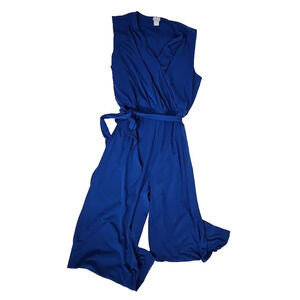 Chico’s Size 4 XXL US 20 Tie-Waist Wide Leg Jumpsuit Blue V-Neck Stretch